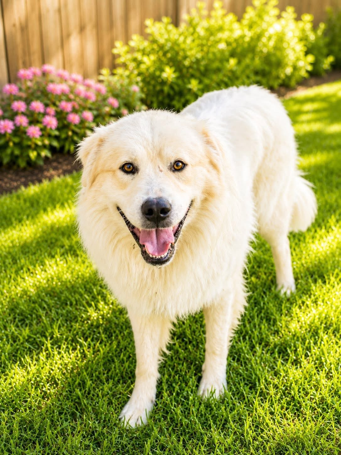 A Great Pyrenees rescue smiling in a sunny yard